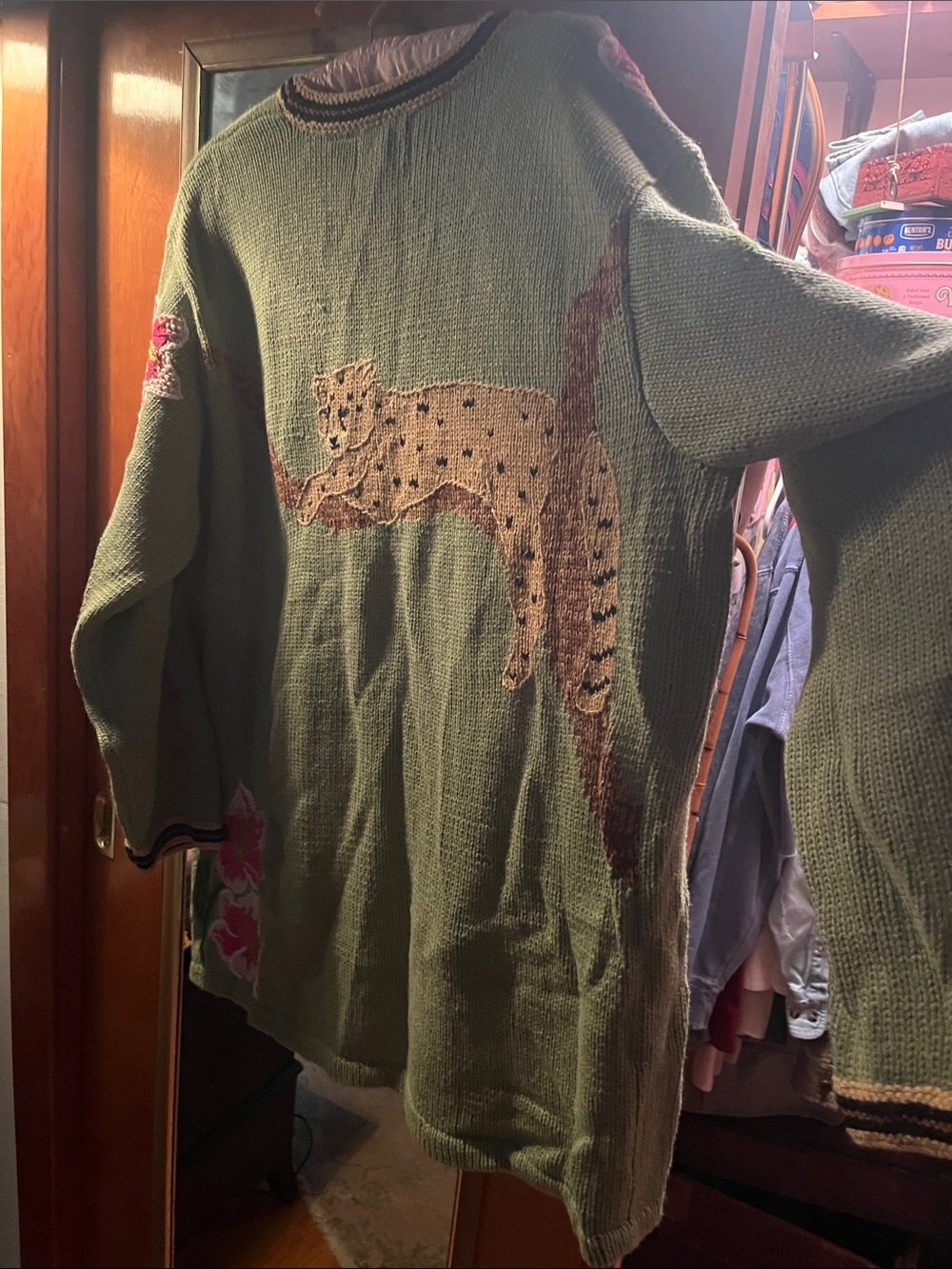 Storybook Knits Olive Green Cardigan with Pink Floral Embroidery - Picture 6 of 8